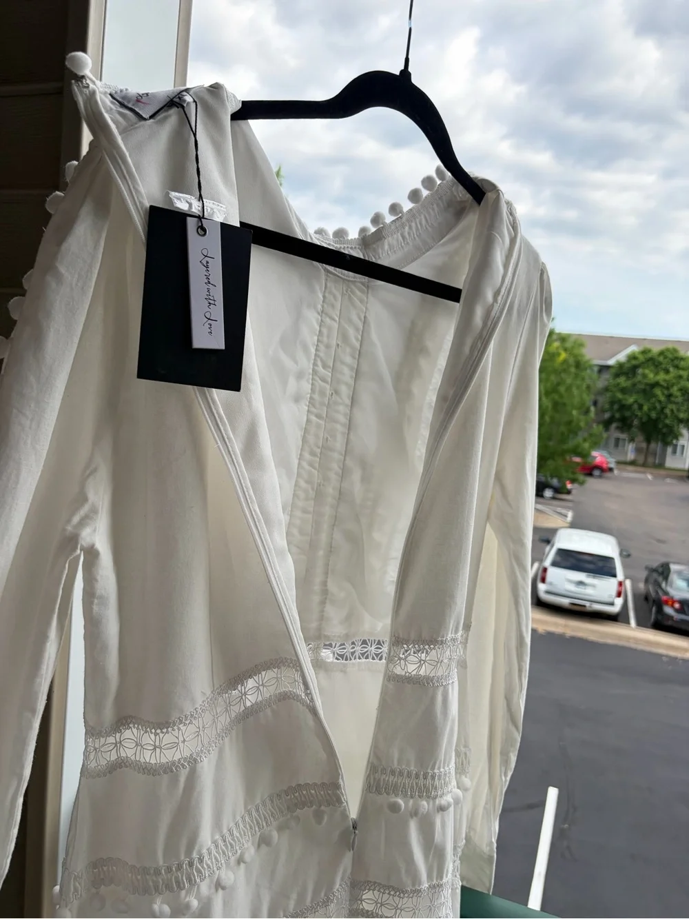 🆕🥥 Layered With Love White Pom Pom Lace Trim Mini Dress XL Boho Cottagecore - Picture 14 of 17
